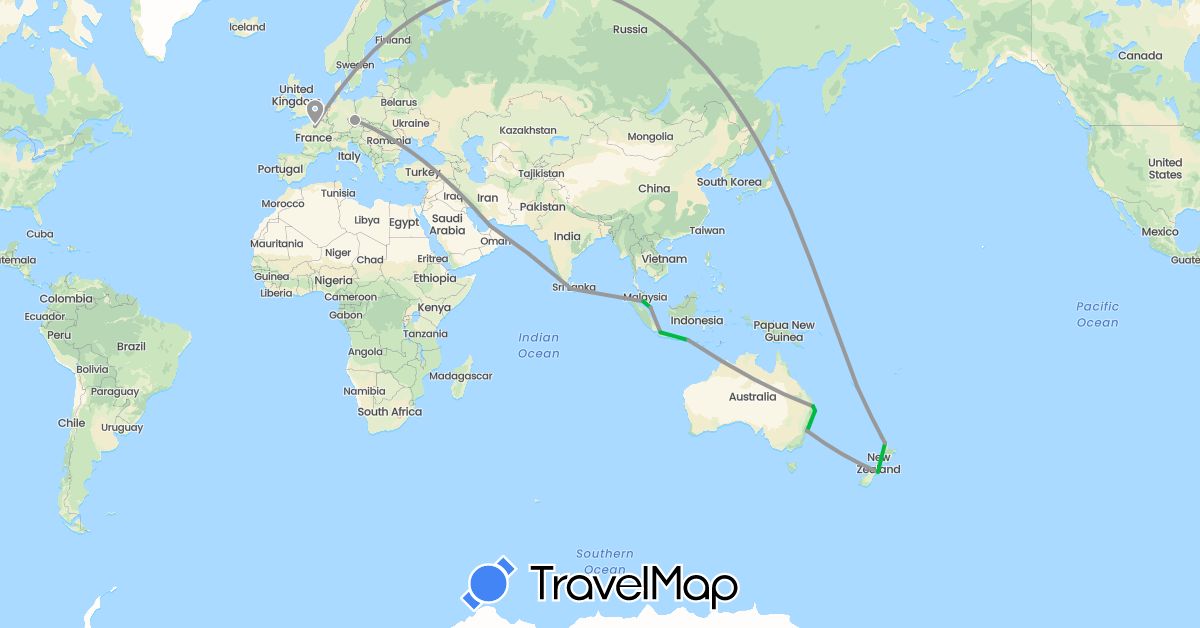 TravelMap itinerary: bus, plane, hiking in United Arab Emirates, Australia, Czech Republic, France, Indonesia, Sri Lanka, Malaysia, New Caledonia, New Zealand, Singapore (Asia, Europe, Oceania)